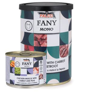 Konzerva FANY MONO – kuřecí svalovina s mrkví a hráškem